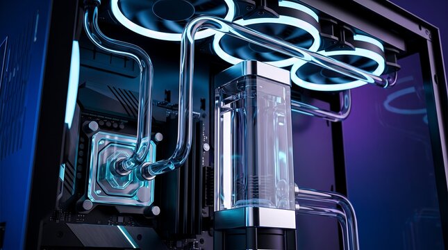 High performance computer liquid cooling system with transparent tubes and glowing blue lights inside custom gaming PC case showing advanced hardware engineering and cooling technology