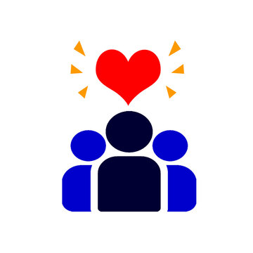 Audience brand loyalty icon with people group silhouettes and glowing red heart customer affection community engagement concept
