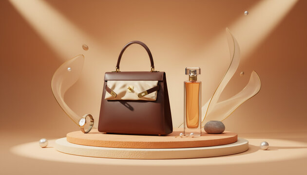 Luxury brown handbag and perfume bottle on a minimalist display podium