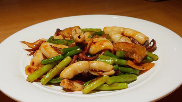 Chinese Stir Fried Pork Belly with Cuttlefish Qingdao Style Handheld Slow Pan