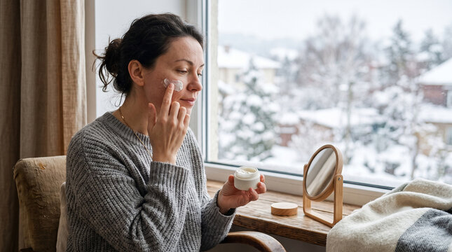 Woman applying moisturizing cream to face, sitting by window with snowy winter landscape outside, cozy indoor setting, skincare routine, relaxed mood, natural light