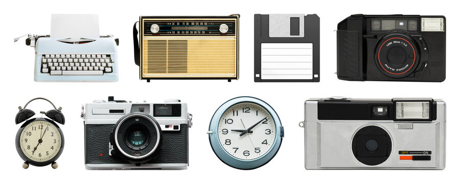 PNG Vintage gadgets collection display on transparent background