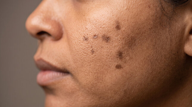 Dark spot hyperpigmentation uneven skin tone close up female face skincare melanin brown skin blemish texture aging natural