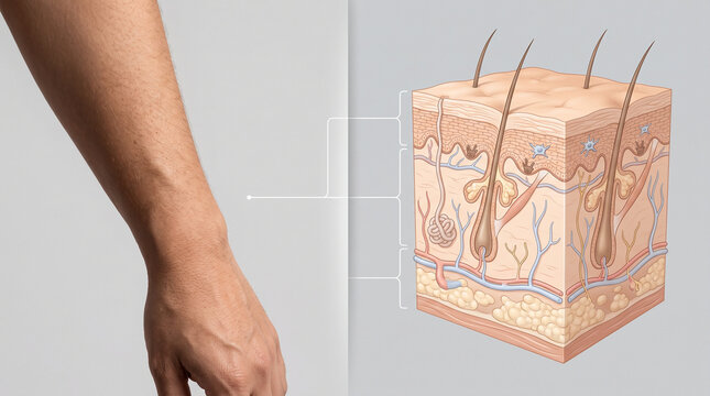 Human skin cross section anatomy diagram showing epidermis dermis hypodermis hair follicle sweat gland nerve blood vessel and fat layer educational medical illustration