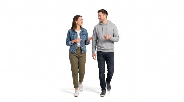 A young man and woman walking and talking together, smiling at each other, wearing casual clothing, isolated on white background