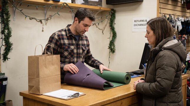 Customer returns damaged yoga mat to store clerk at checkout counter
