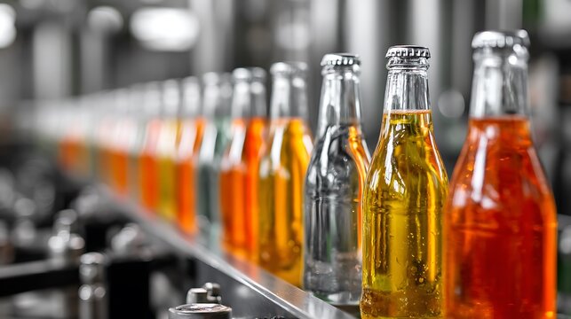 Bottles lined up on a production line, showcasing the filling and capping process in a modern beverage manufacturing setting.