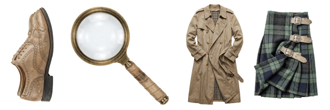 Set of british culture objects isolated on a transparent or white background. Traditional uk national fashion apparel, classic vintage detective style and historic lifestyle.
