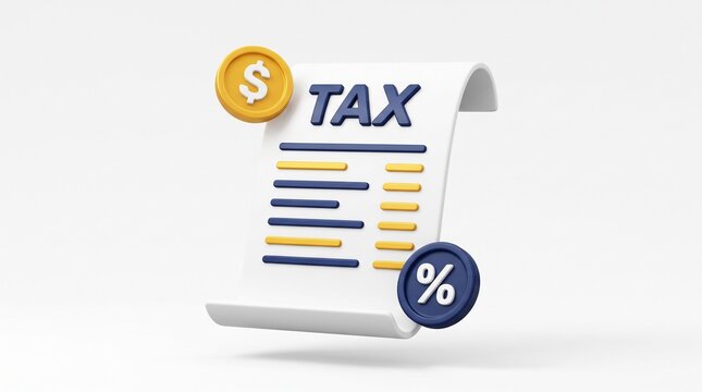 3D tax document paper with dollar coin and percentage sign for tax calculation, accounting, financial audit, business taxation, and expense receipt and financial payment payroll bill invoice report
