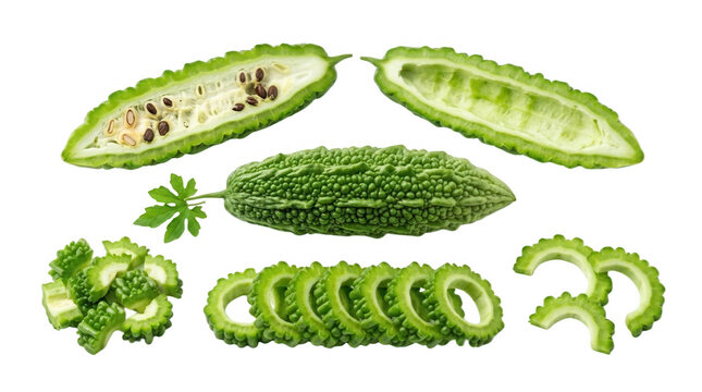 The image showcases a detailed arrangement of bitter gourds, including a whole gourd, sliced segments, and cross-sectional views, all presented on a black background to highlight their unique textures