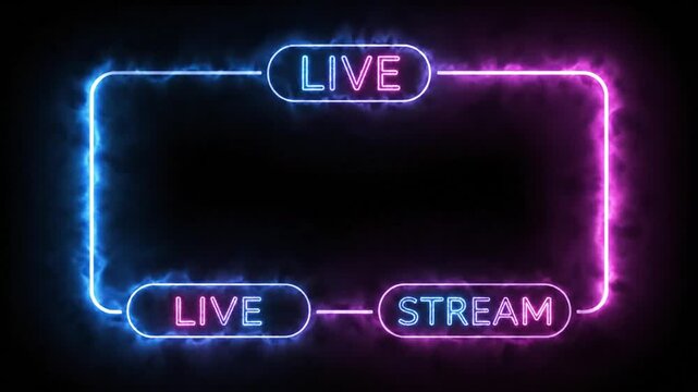 Neon live stream frame with glowing blue and pink lights, creating a modern digital broadcast overlay for livestreaming, gaming, social media, online events, and virtual content.