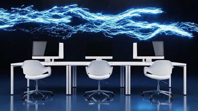 Futuristic digital workspace with three computer monitors and ergonomic chairs in a modern office, surrounded by glowing blue light trails and a high-tech atmosphere.
