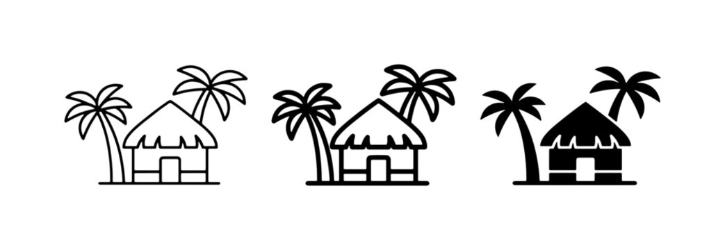 Tropical hut with palm trees flat icon logo