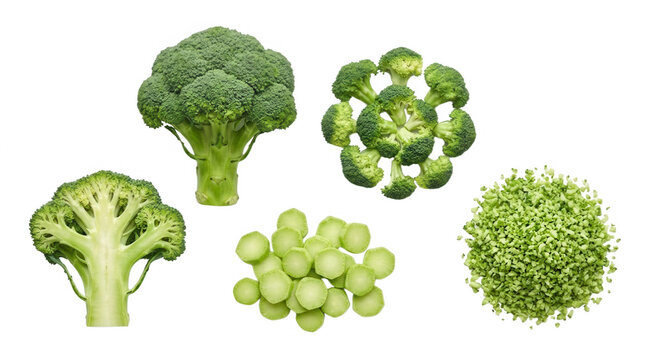 A diverse arrangement of broccoli in various forms and sizes, showcasing the vegetable's unique shapes and textures against a black background, emphasizing its vibrant green color