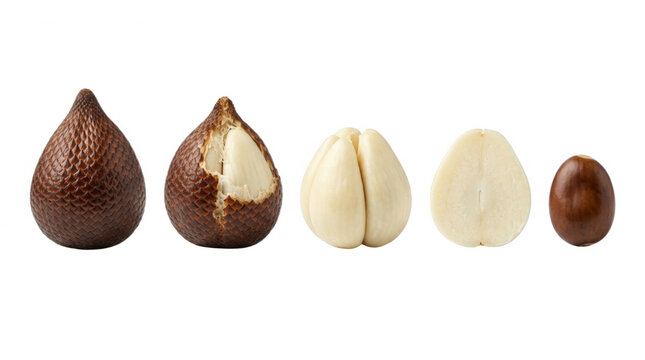 A collection of various types of snake fruit, showcasing their unique textures and colors, arranged in a row against a black background, illustrating their differences in appearance and structures