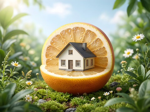 Controlled dynamic composition of a tiny original house nested inside a translucent cut fruit, with its physical process or state transition clearly visible for home, nature and imaginative living