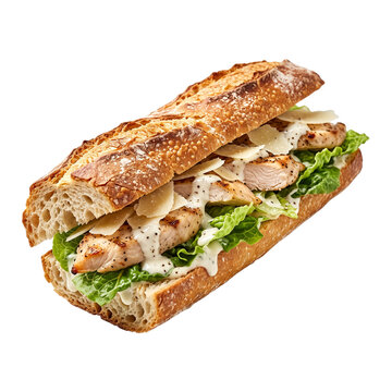 Delicious freshly prepared chicken caesar baguette sandwich with crispy bread transparent background