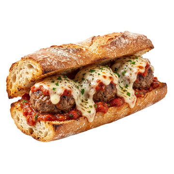Delicious meatball sub sandwich with melted cheese and tomato sauce transparent background