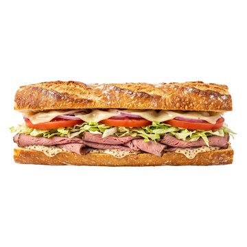 Freshly made roast beef sub sandwich with vegetables and sauce transparent background