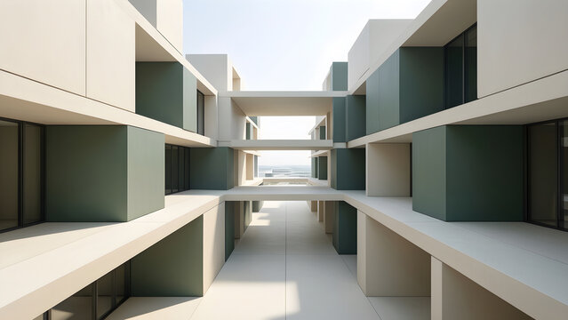 Deep perspective environment of interlocking modular volumes with recessed courtyards, with its physical process or state transition clearly visible for modularity, housing and systems thinking; wide