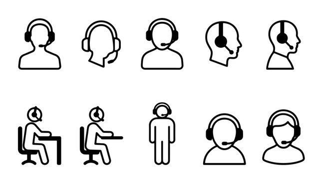 Minimalist customer service icon set, call center operator line art set, black line online support vector icons PNG format