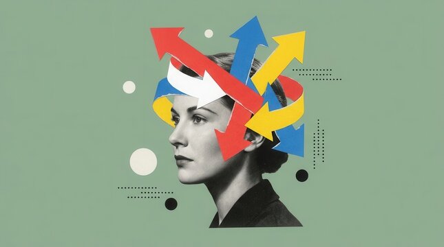 A woman's head wrapped in colorful arrows illustrating the search for clarity amidst mental clutter.