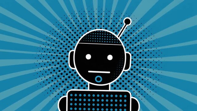 Friendly robot head with antenna, pop art animation on blue background