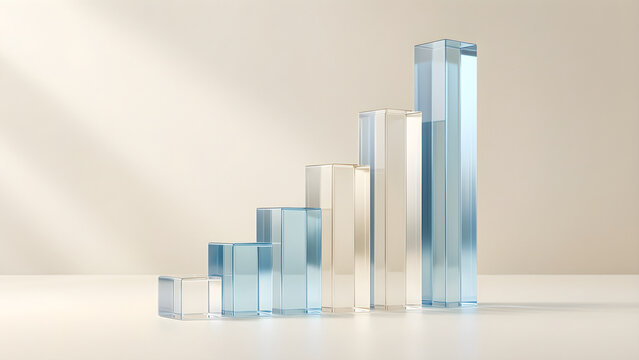 Controlled dynamic composition of ascending translucent prism bars with no markings, reduced to an adaptable high-clarity campaign composition for growth, analytics and business momentum