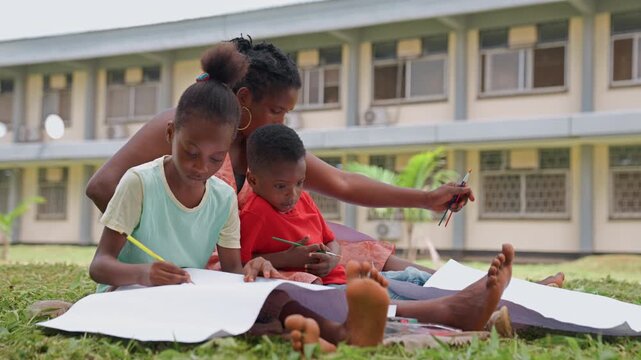 Family members sit on grass including woman and two children. They engage in outdoor painting activity using pencils or paintbrushes over large white paper sheets