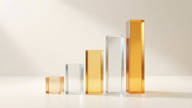 Single refined visual metaphor using ascending translucent prism bars with no markings, reduced to an adaptable high-clarity campaign composition for growth, analytics and business momentum