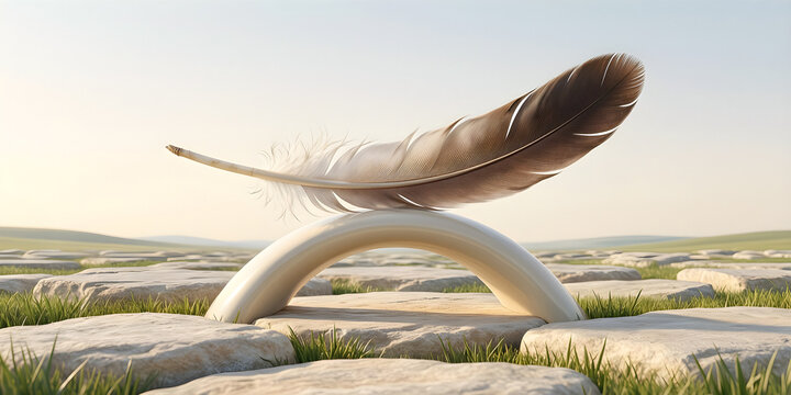 Expansive abstract field made from a heavy stone and one large feather balanced on a curved ceramic beam, reduced to an adaptable high-clarity campaign composition for balance, wellbeing