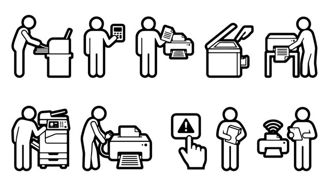 Office printer icon set, line stick figure person printing documents pictogram collection, black and white office equipment vector art