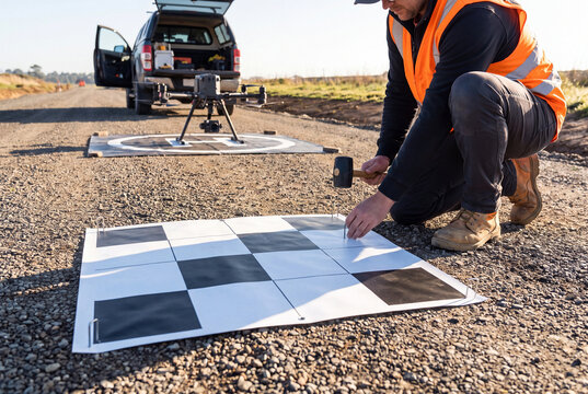 Land Surveyor Hammering Ground Control Point Stake on Gravel Road