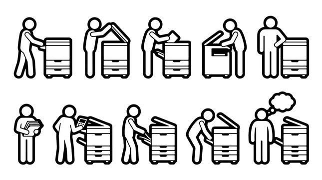 Minimalist photocopy machine icon set, office printer usage pictograms, stick figure employee copying documents vector symbols