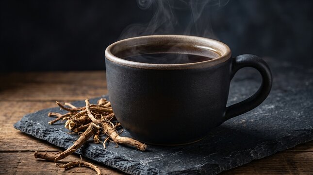 Dark earthy roasted dandelion root herbal detox tea in handcrafted matte-black ceramic stoneware mug on rough slate slab with dried organic dandelion roots for holistic wellness hot drink ad