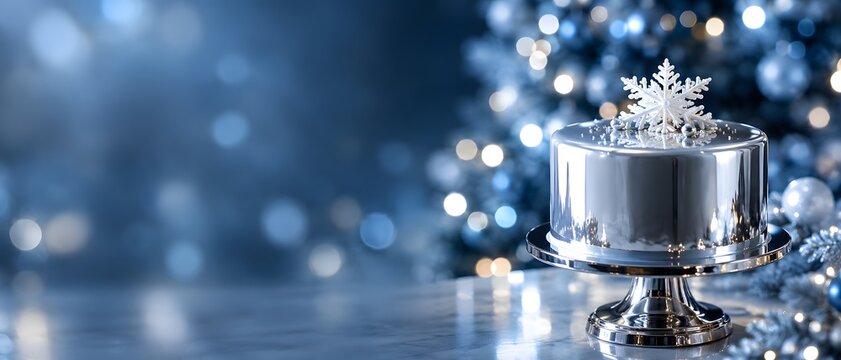 Panoramic view of luxury modern Christmas cake with polished silver chrome mirror glaze and white carved snowflake topping on metallic pedestal stand, winter festive bakery banner with blue copy space