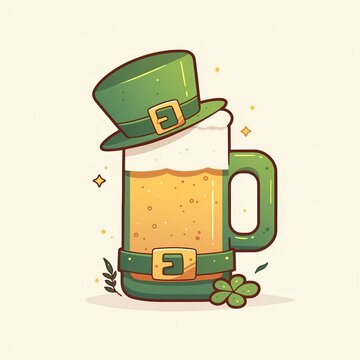 Illustrated beer mug wearing green leprechaun hat beside shamrock. St. Patricks Day celebration. Beer festival and Irish pub party. Festive drink clipart for seasonal design