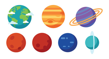 Planets with rings and craters are displayed on a white background © MLB Creation