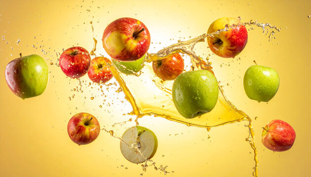 Colorful fruit with explosive liquid splash effect on dark surface. Flat lay top view design with blank space for text.