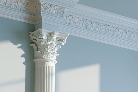 Ornate white Corinthian pilaster with fluted column, carved acanthus capital, decorative crown moulding, blue gray wall, and strong sunlight in classical interior architecture
