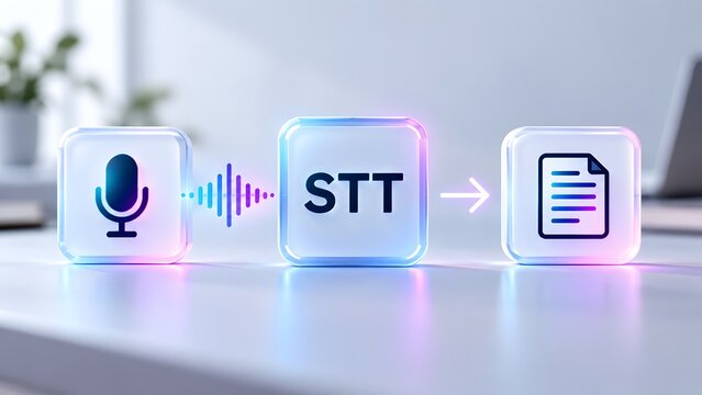 STT Speech-to-Text Concept with Microphone Icon, Sound Wave, Text, and Document Icon in Sequential Flow, Voice Recognition Technology