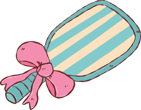 Blue and cream striped pickleball paddle tied with a big pink ribbon bow in a sweet retro pastel girly aesthetic, ideal for trendy coquette feminine sports equipment and athletic summer leisure play.