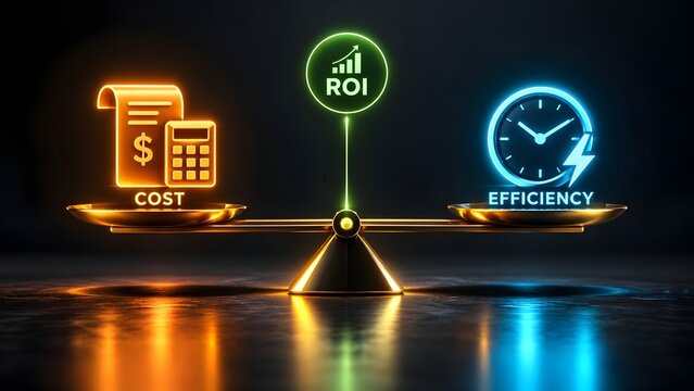 Golden balance scale weighing cost against efficiency with ROI indicator illustrating financial optimization and business strategy.