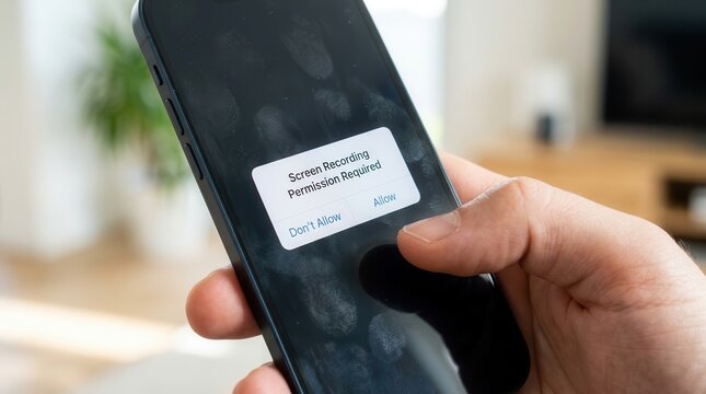 Hand holding a mobile phone with a screen recording permission required dialog box.