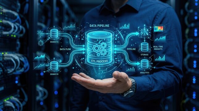 A digital illustration of an ETL process and data pipeline featuring database icons and data warehouse technology.