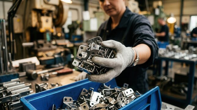 Close up of a factory worker holding manufactured stamped metal components above a blue storage bin.