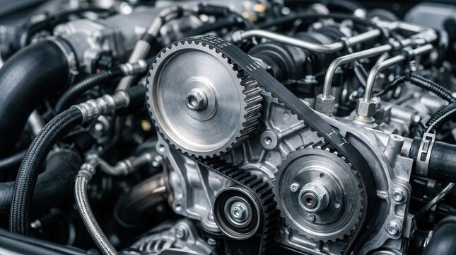 Detailed view of the automotive engine timing belt and pulley mechanism.