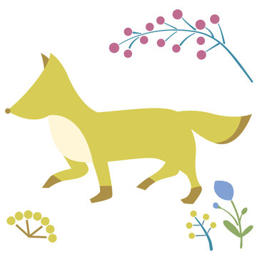 秋の花や木の実とキツネのイラスト