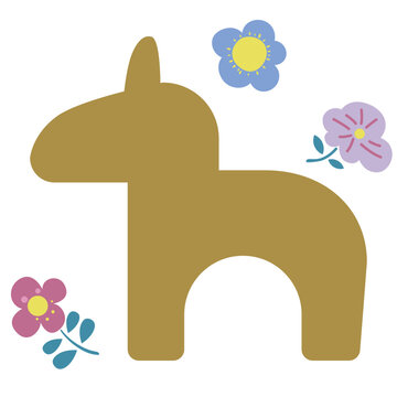 北欧風の茶色い馬と手描き風の花々のイラスト