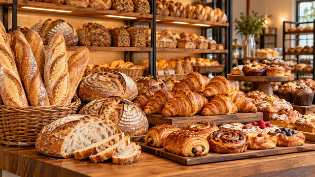 Artisan bakery display with bread and pastries